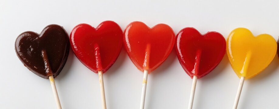 Colorful heart shaped lollipops on wooden sticks lined up on white background. Red, orange, yellow, dark brown sugar candy sweets in heart form. Tasty confectionery treats for Valentine Day, party