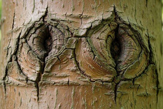 Copper beech tree bark close-up shows intricate patterns and texture. This natural wood surface features cracks and hollows, revealing growth rings within the bark.