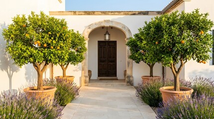 Naklejka premium Charming Mediterranean Villa Entrance with Potted Citrus Trees and Lavender.