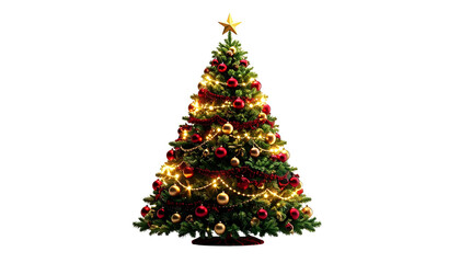 Fototapeta premium A lavishly decorated Christmas tree with lush full pine branches, layers of glossy red, gold, and burgundy ornaments, twinkling warm string lights woven throughout, isolated on transparent background.