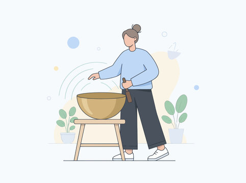 A person plays a singing bowl with a malet while plants and abstract shapes create a peaceful atmosphere