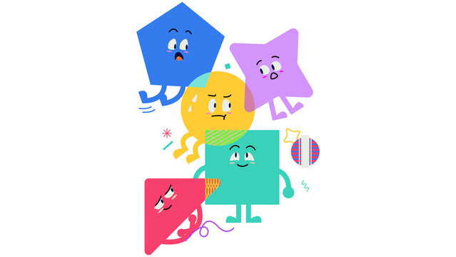Cute colorful geometric shape characters with funny faces including circle square triangle star and pentagon
