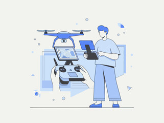 Fototapeta premium Man pilots drone while controlling tablet showing map and map screen