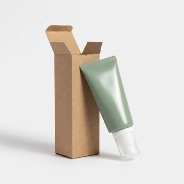 Unmarked sage-green cosmetic tube leaning against an open kraft cardboard carton