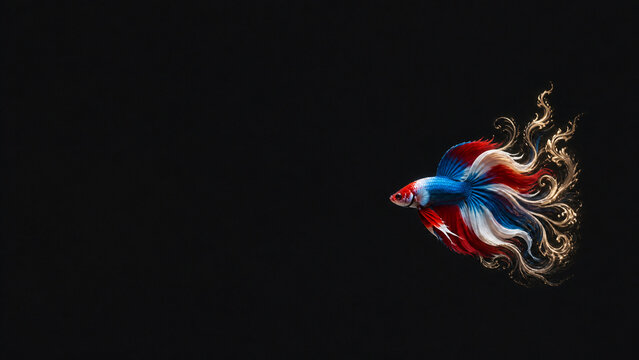 Vibrant Red White and Blue Betta Fish with Ornate Golden Fins on Black Background