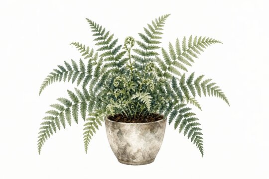 Lush green fern plant growing in a weathered ceramic pot with curling fiddleheads emerging from the center.