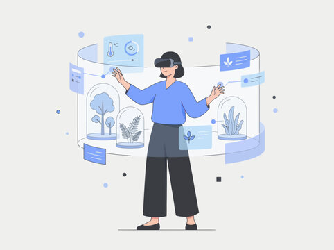 Woman uses VR headset interacting with futuristic plant science data and virtual environment