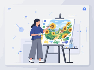 Obraz premium A young woman artist paints a sunflower landscape on canvas while inspired by nature and creativity