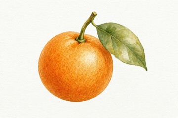 Fototapeta premium Watercolor painting depicts a ripe orange fruit with a small green leaf and stem against a plain white background.