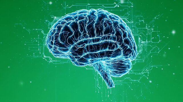 Abstract glowing neural network brain pulsing with light against a green backdrop representing cognitive processes
