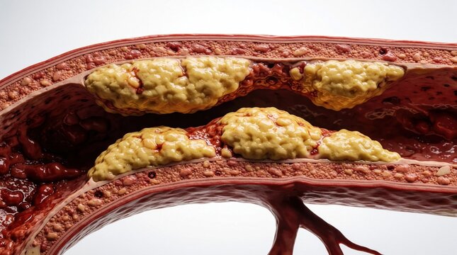3D model shows atherosclerosis with yellow plaque buildup inside human artery. Clogged blood vessel lumen narrows due to high cholesterol deposits. Medical illustration represents cardiovascular