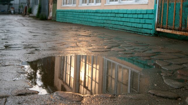Reflection of an Industrial Building in a Wet Pavement Puddle, Capturing the Contrast Between Urban Architecture and Natural Elements
