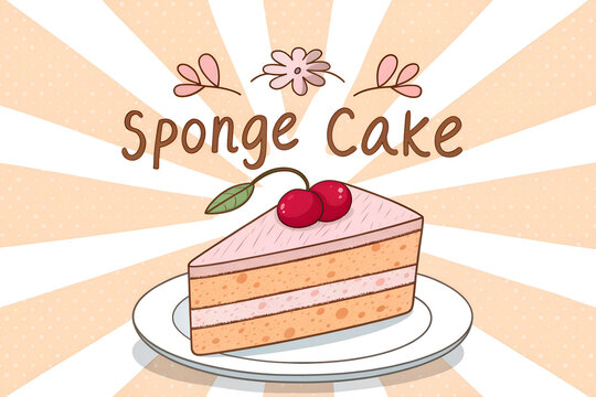 Sponge cake slice illustration with cherries on a plate illustration culinary