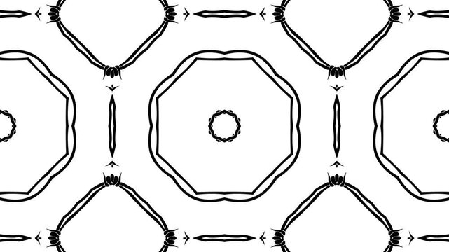 Abstract black and white barbed wire kaleidoscope seamless animation loop background.