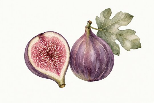Watercolor illustration of a whole fig and a halved fig with leaf on white background