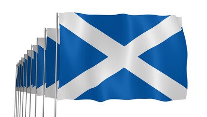 Obraz premium Multiple Scotland Transparent Flags Waving on Blue Sky Background
