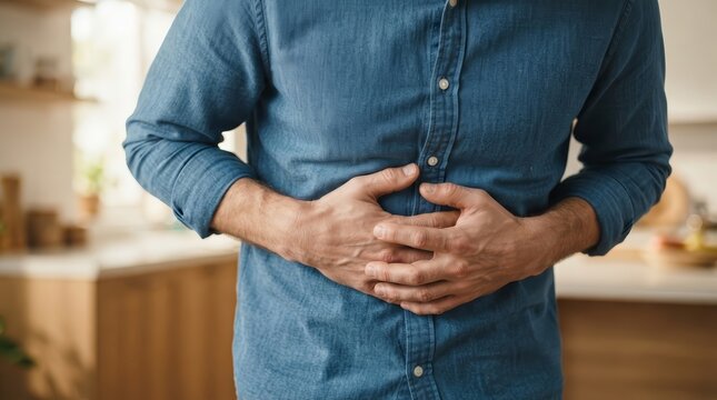 Man in a blue shirt holding his painful abdomen while suffering from a stomach ache.