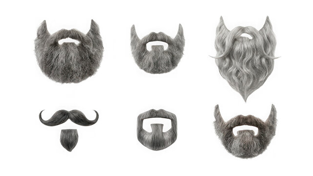 Set of various realistic gray beards and mustaches isolated on transparent background
