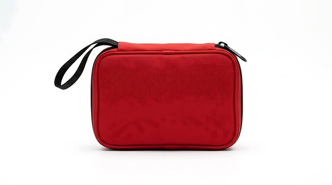 Red textured pouch with black wrist strap and zipper, compact travel case isolated on white background