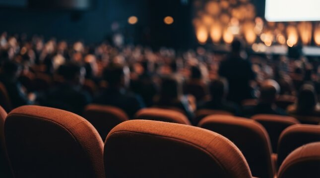 An out of focus crowd sitting in theater seats during a live presentation.