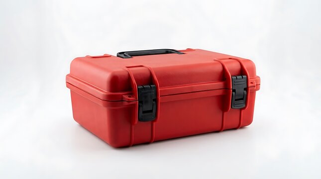 Closed red hard case with black latches on white background, waterproof storage box for equipment and first aid supplies