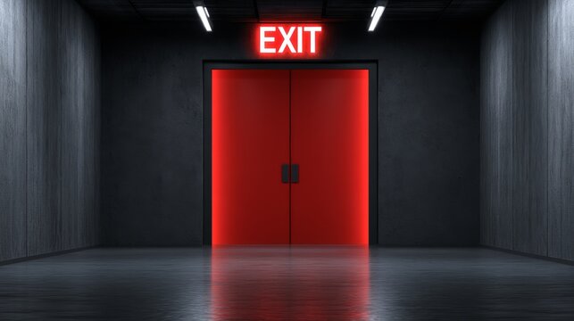 Bright Red Exit Door in Dark Stadium Hallway with Safety Signage for Emergency Preparedness and Evacuation Routes