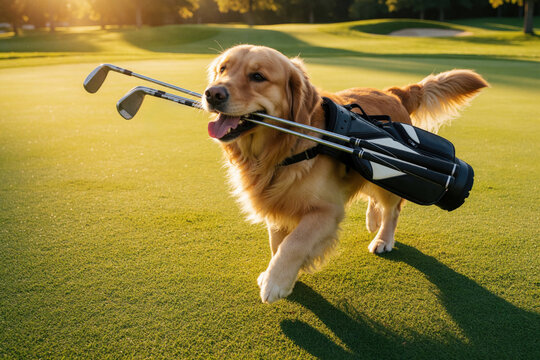 Golden retriever carries golf clubs in its mouth walking on grass at sunlit course. Dog wears bag with clubs, enjoys outdoor sport. Pet helps golfer.