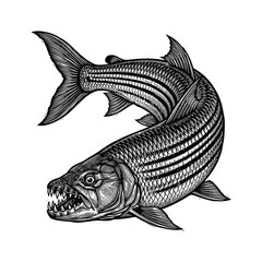 Fototapeta premium Isolated vintage engraved illustration of a fish in a retro woodcut style, featuring detailed scales and fins, perfect for nautical and marine designs.