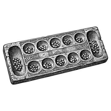 Traditional wooden mancala board game with carved ornaments and seeds, isolated in black and white line art style.