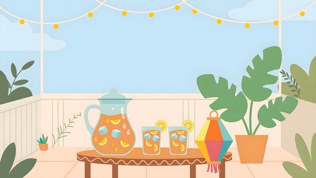 Cheerful Minimal Flat Patio Graphic with Decorative Table, Iced Tea Pitcher, Potted Monstera Plant, Colorful Lantern, and Open Copy Space