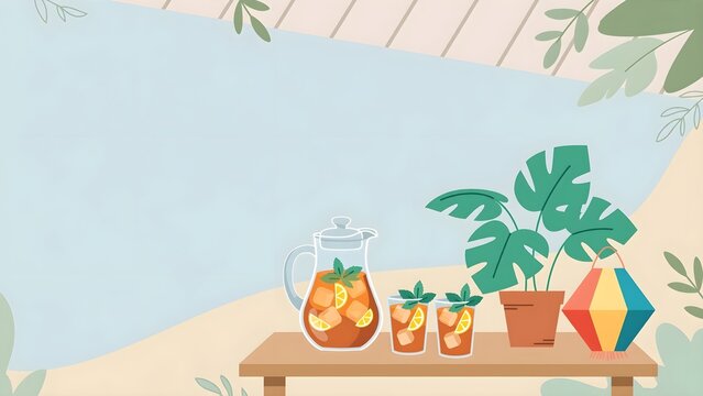 Cheerful Minimal Flat Patio Graphic with Decorative Table, Iced Tea Pitcher, Potted Monstera Plant, Colorful Lantern, and Open Copy Space