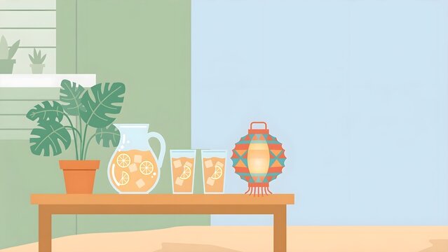 Cheerful Minimal Flat Patio Graphic with Decorative Table, Iced Tea Pitcher, Potted Monstera Plant, Colorful Lantern, and Open Copy Space