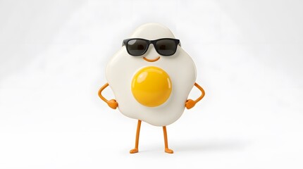 Obraz premium Cute fried egg character wearing sunglasses standing on a white background