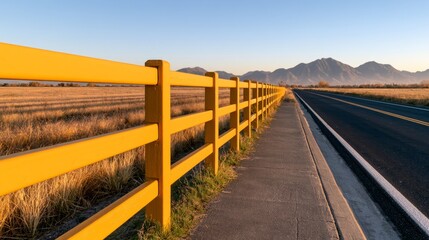 Fototapeta premium Scenic rural road view with yellow fence under blue sky and mountains at sunset for safety and inclusivity projects