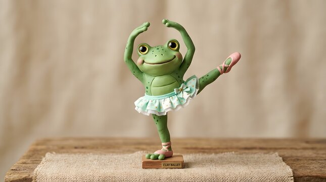 Clay frog figurine performing a ballet dance pose in a tutu on a wooden table.