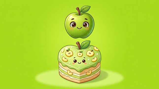 Cute cartoon green apple and heart shaped cake with smiling faces on green background
