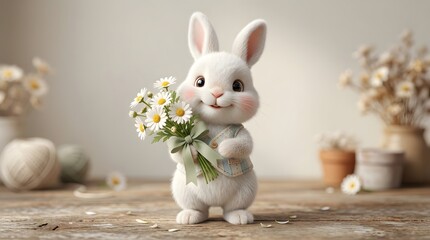 Fototapeta premium Cute white rabbit holding a bouquet of daisies, adorable spring animal character portrait.