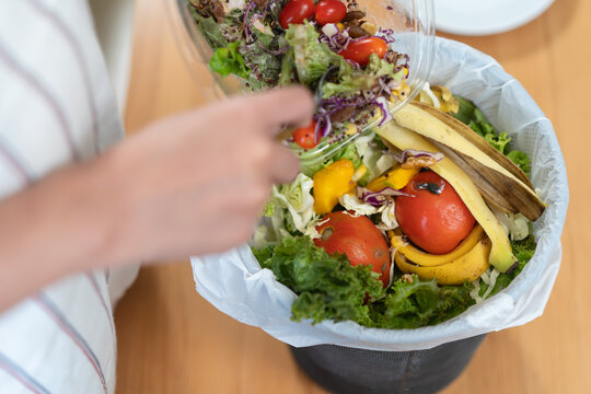 Food waste environment concept, people throwing food garbage into bin prepare to decompose