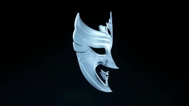Silver metallic masquerade mask shifts through angled side views with ornate feathered contours, sharp crown points, glossy reflective surface, cool blue highlights, and dramatic isolated black