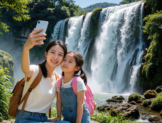 Fototapeta premium Mother and daughter take selfie at majestic waterfall. Family enjoys nature beauty and makes memories together on a summer vacation trip. Active lifestyle people explore wilderness.