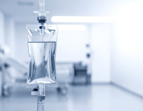 IV drip bag hanging in a bright hospital room.