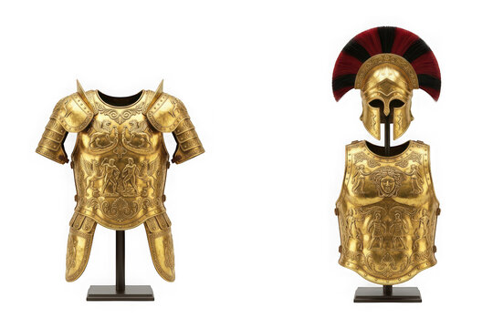 Set of ornate golden greek or roman style armor with breastplate, pauldrons, and corinthian helmet featuring a red and black crest, isolated on transparent background
