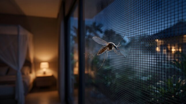 Mosquito crawling through damaged window screen into residential bedroom interior