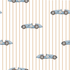 Naklejka premium Cute Retro Blue Race Cars Seamless Striped Pattern for Baby Boys
