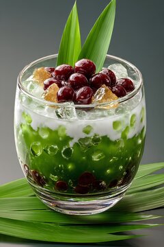 Refreshing malaysian cendol in glass with coconut milk, green jelly, red beans and shaved ice. Palm sugar syrup, tropical dessert. Great for summer, dessert and beverage stock photos