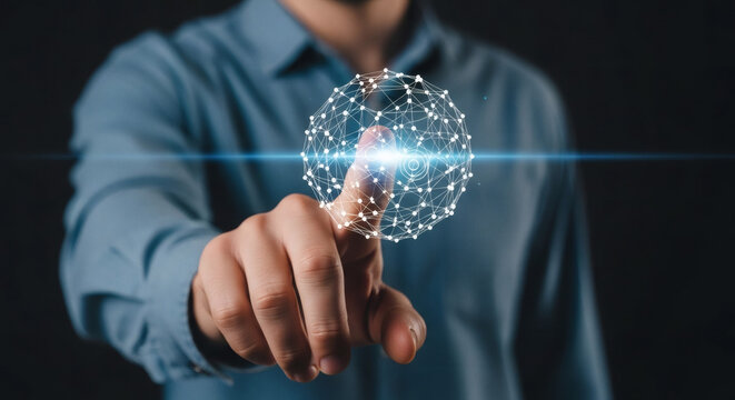 Businessman Touching a Glowing Digital Network Sphere representing Global Data Connectivity and Advanced Technology Integration in a Modern Workplace Environment