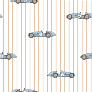Cute Retro Blue Race Cars Seamless Striped Pattern for Baby Boys