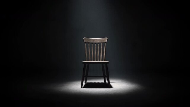 Lonely wooden chair centered under narrow spotlight in dark studio with bright floor pool of light, floating dust, strong symmetry, worn texture, deep shadow, cinematic contrast, quiet dramatic mood