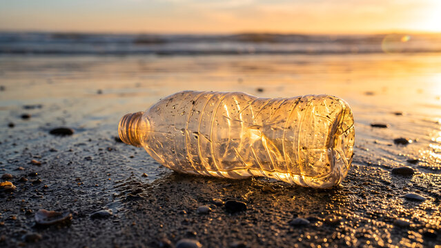 Discarded plastic bottle lying on the sandy beach at sunset, highlighting ocean pollution and environmental issues