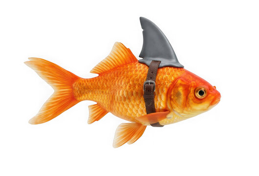 A goldfish wearing a shark fin costume with a brown leather harness, isolated on transparent background